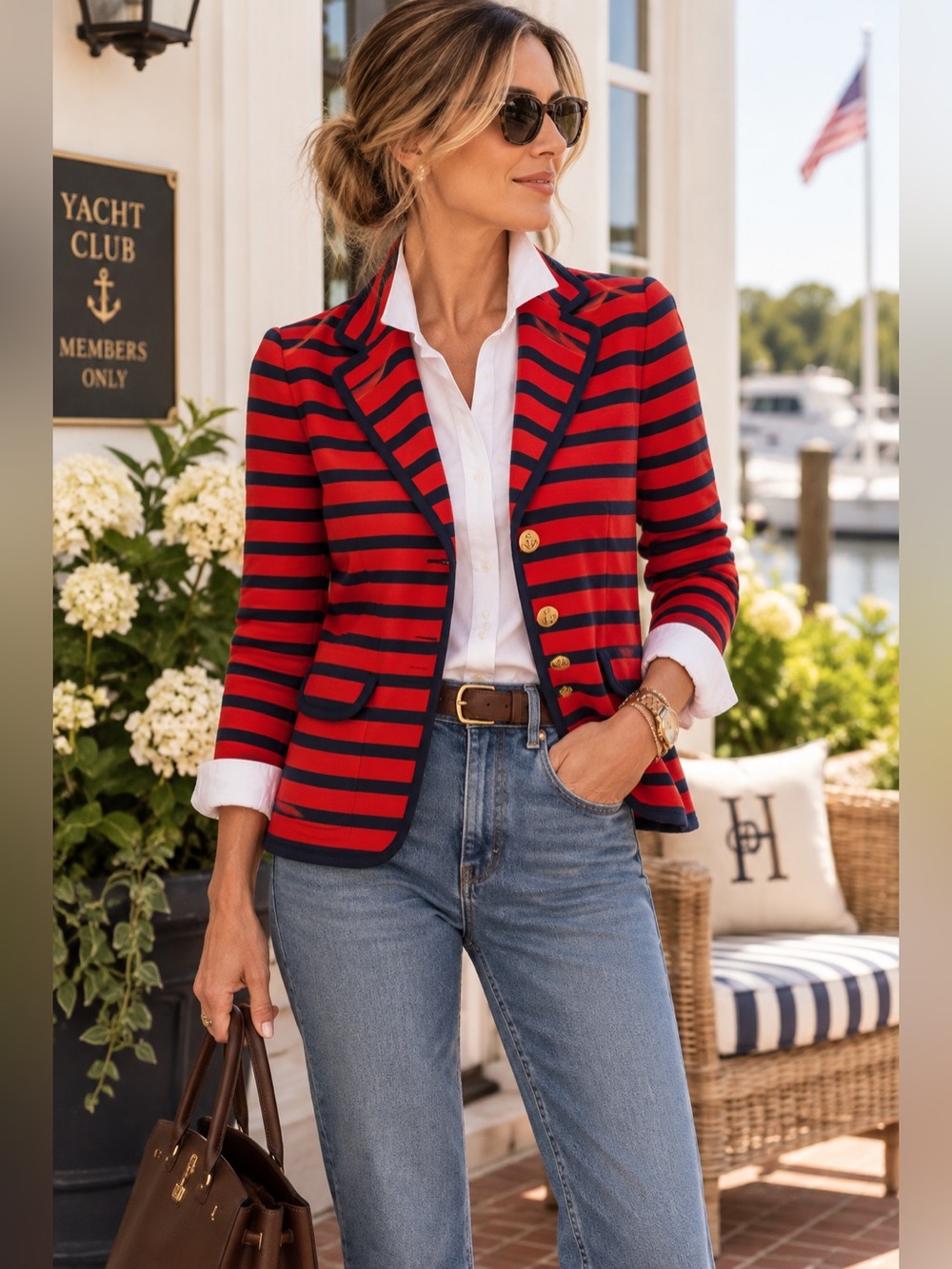 CAbi Red Navy Striped Nautical Blazer Jacket Anchor Buttons Size M